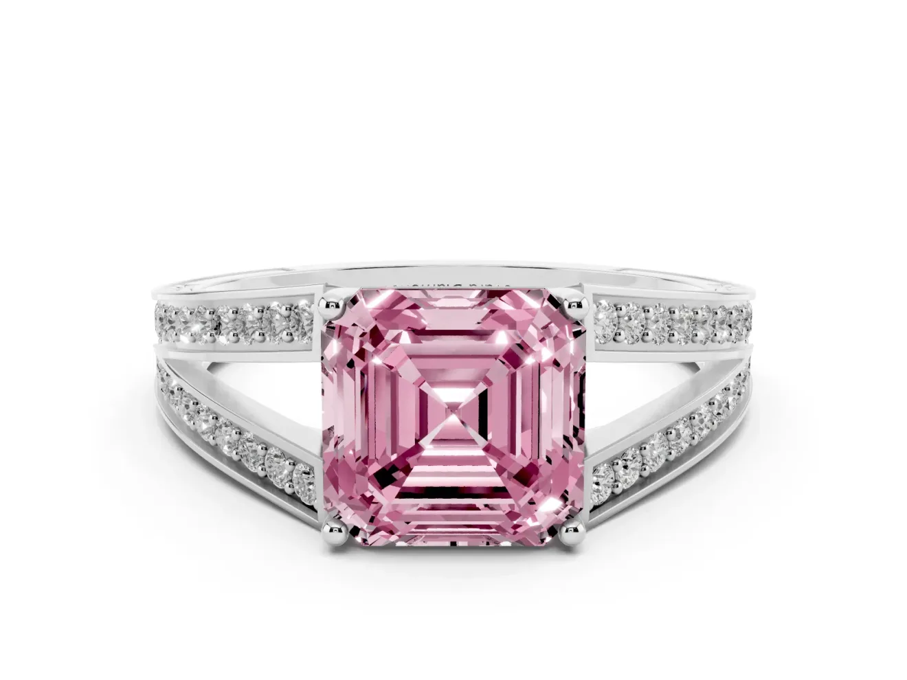 Fancy Pink Asscher Cut Diamond Split Shank Ring Set in Silver with Pavé Band and Prong Setting