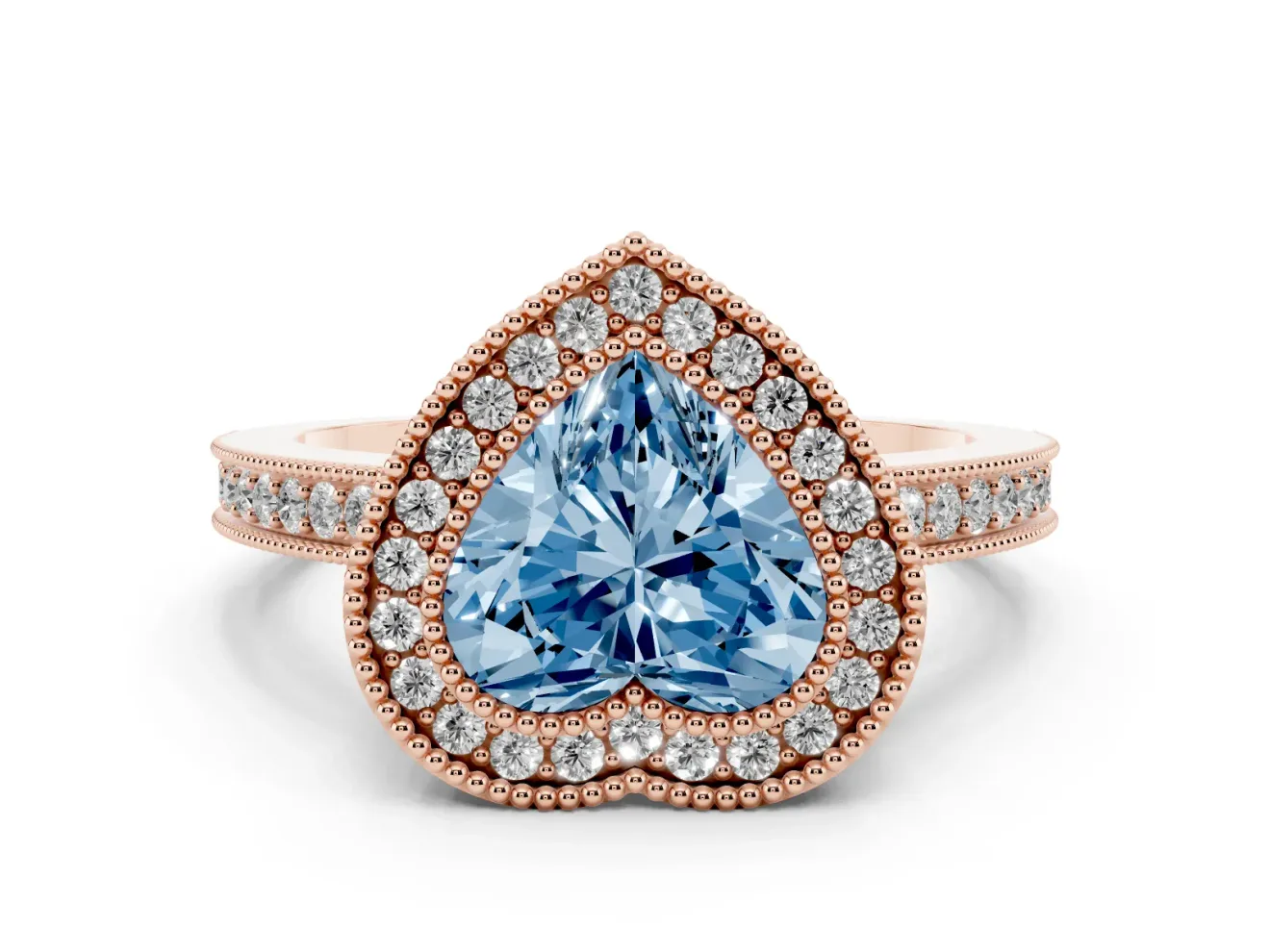 Fancy Blue Heart Cut Diamond Round Halo Ring Set in Rose gold with Pavé Band
