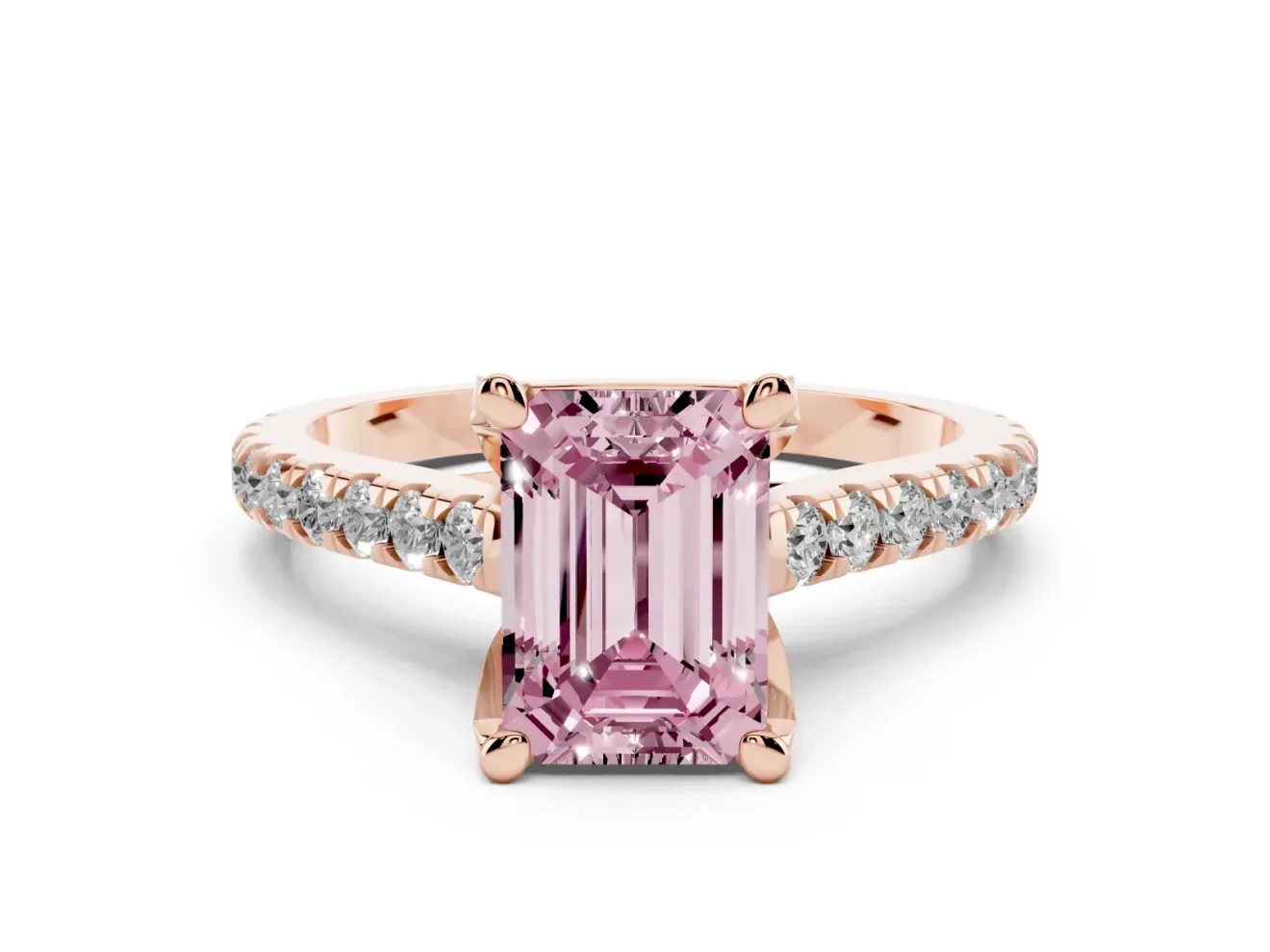 Fancy Pink Emerald Cut Diamond Solitaire Ring Set in Rose gold with Brilliant Pavé Band and Prong Setting