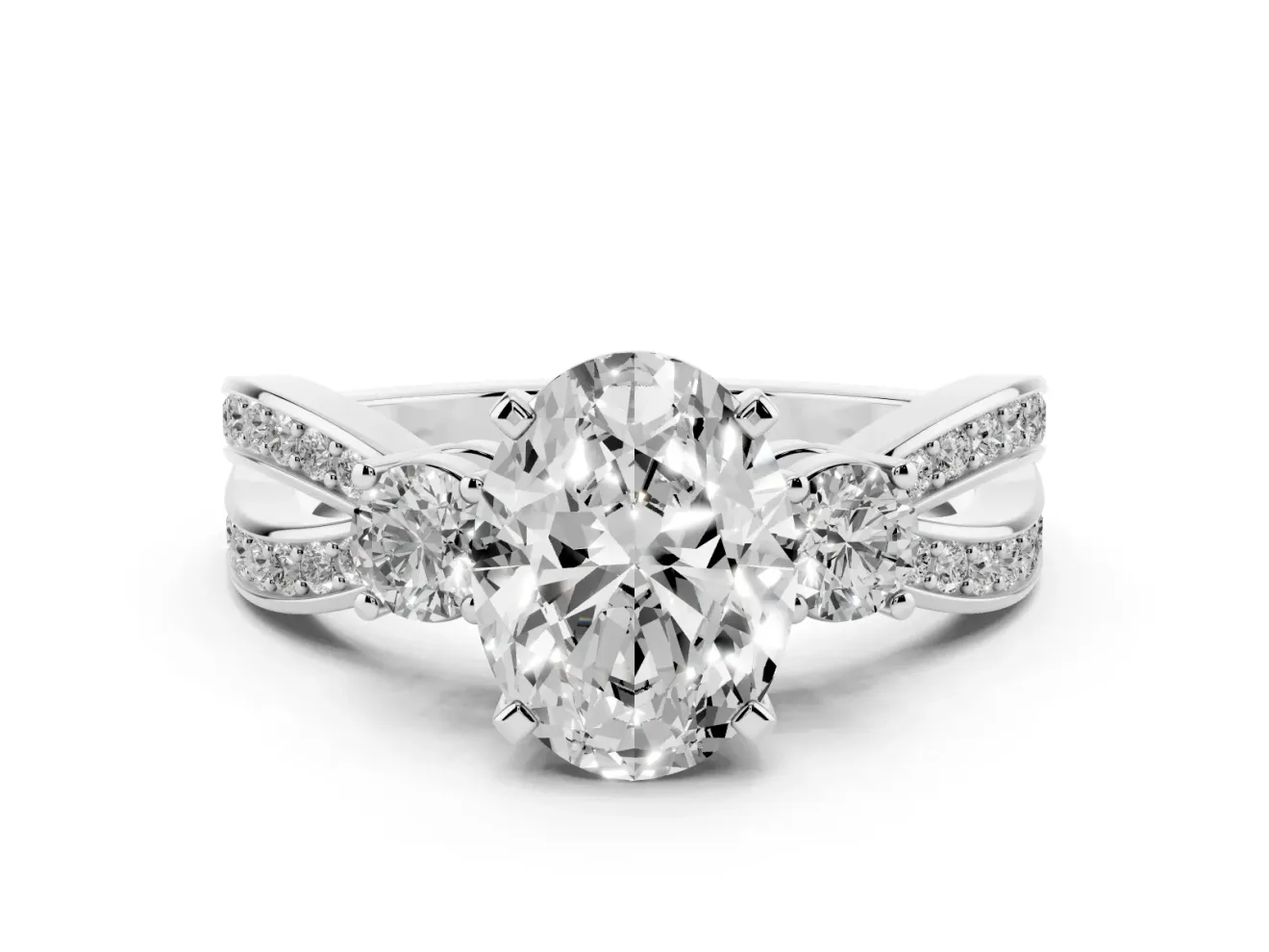 Oval Three-Stone Pavé Twist Engagement Ring Setting | Split Shank | White Gold