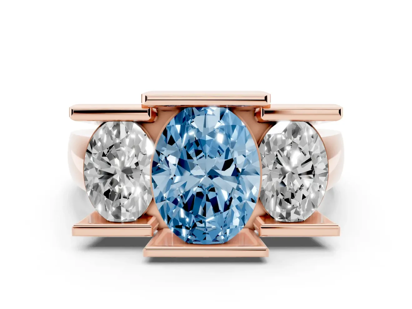 Oval Channel-Set Three Stone Engagement Ring Setting for a Fancy Blue Lab-Grown Diamond | Rose Gold