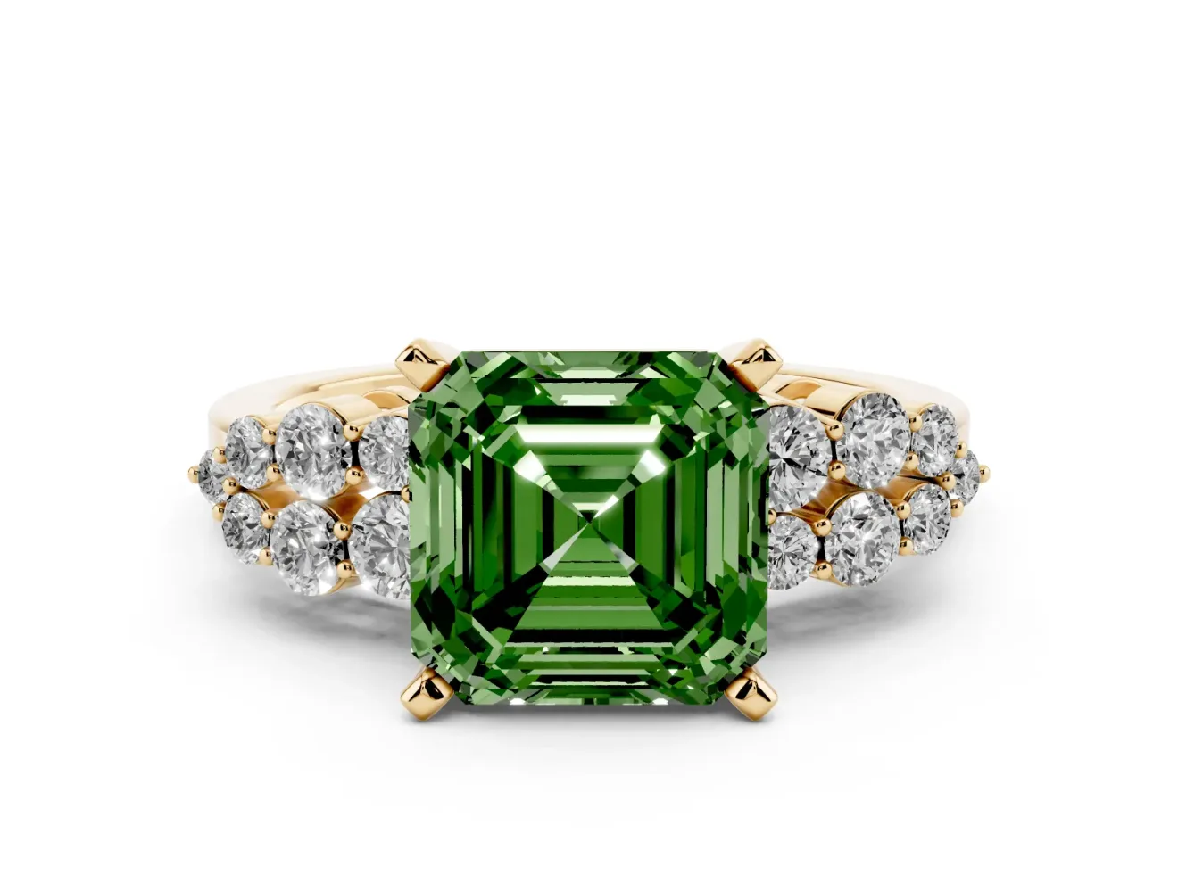 Asscher Cut Side Stone Engagement Ring Setting for a Fancy Green Lab-Grown Diamond | Shoulder Clusters | Yellow Gold