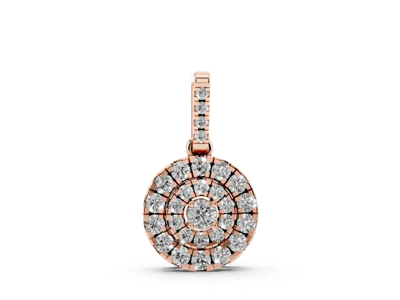 Round Lab-Grown Diamond Double Halo Disc Pendant Necklace | Pavé Bail | Rose Gold