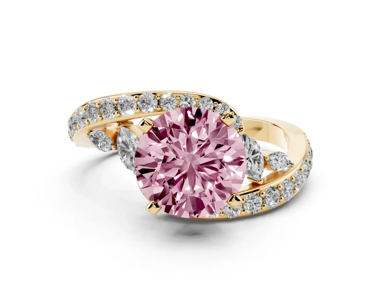Fancy Pink Round Cut Diamond Solitaire Ring Set in Yellow gold with Pavé Twist Band and Secure Prong Setting