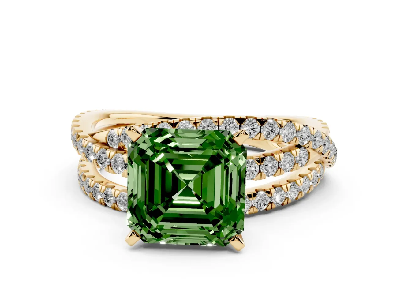 Fancy Green Asscher Cut Diamond Solitaire Twist Band Ring Set in Yellow gold with Pavé Setting and Prong Head