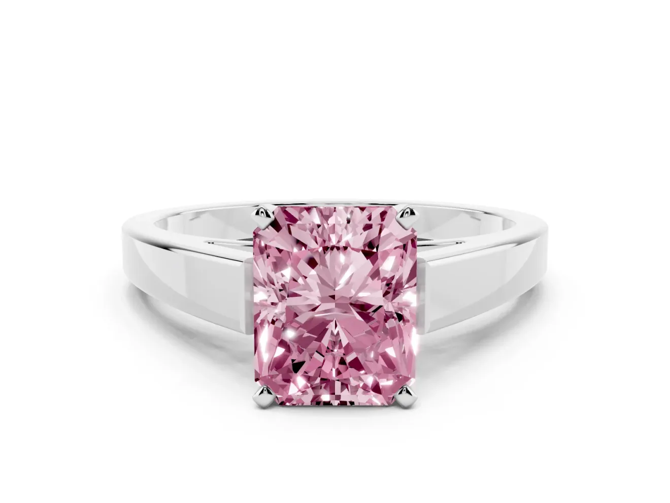 Fancy Pink Radiant Cut Diamond Solitaire Engagement Ring Set in Platinum with Prong Setting and Tapered Band