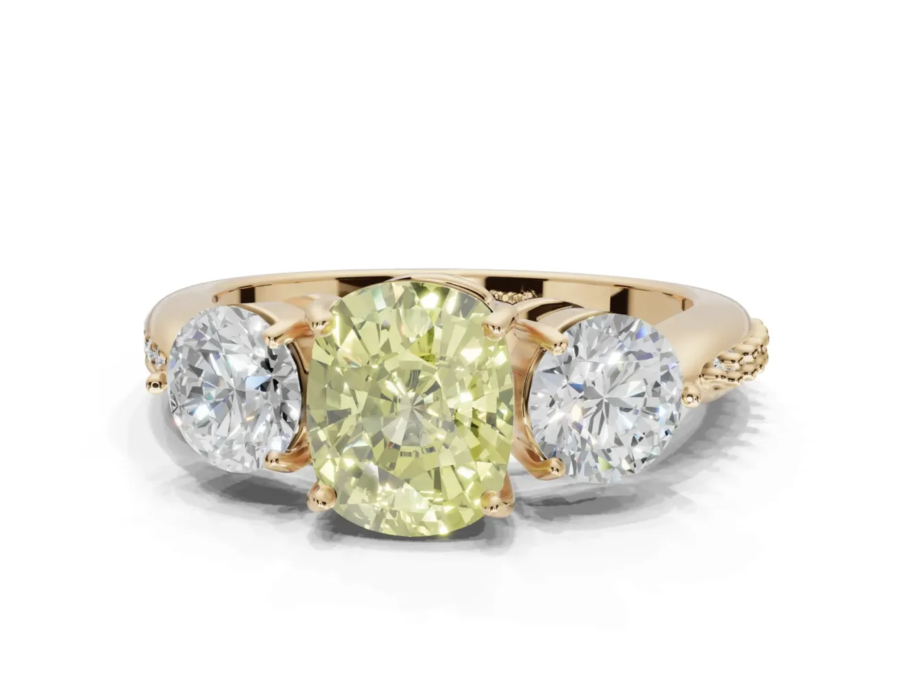Cushion Cut Three Stone Engagement Ring Setting for a Fancy Yellow Lab-Grown Diamond | Tapered Pave Band | Yellow Gold