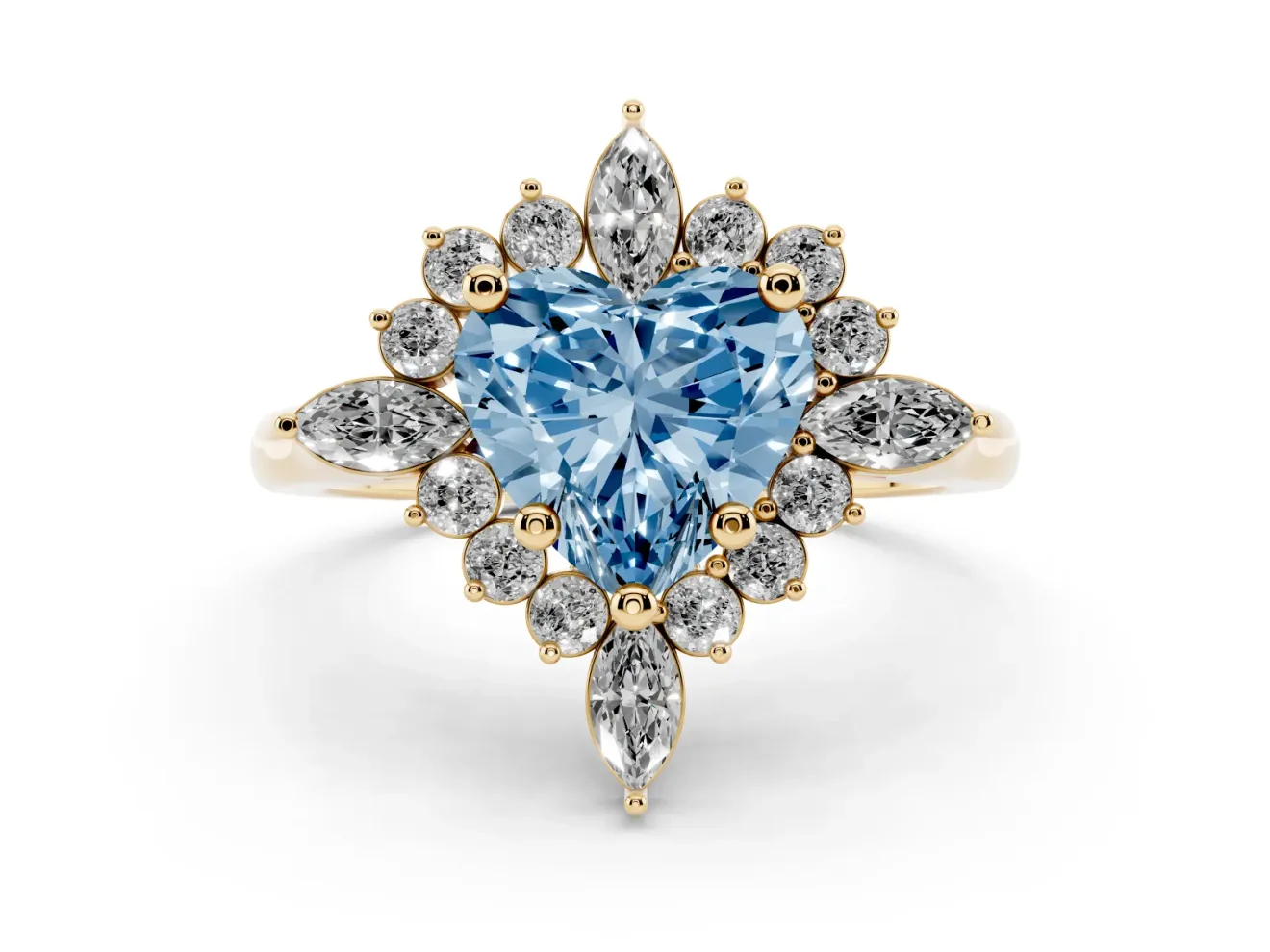 Fancy Blue Heart Cut Diamond Cluster Halo Ring Set in Yellow gold with Marquise and Round Accents