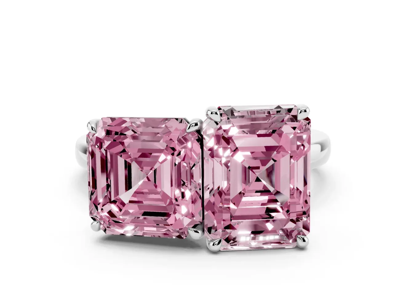 Fancy Pink Asscher Cut and Emerald Cut Toi Moi Ring Set in Silver with Prong Setting