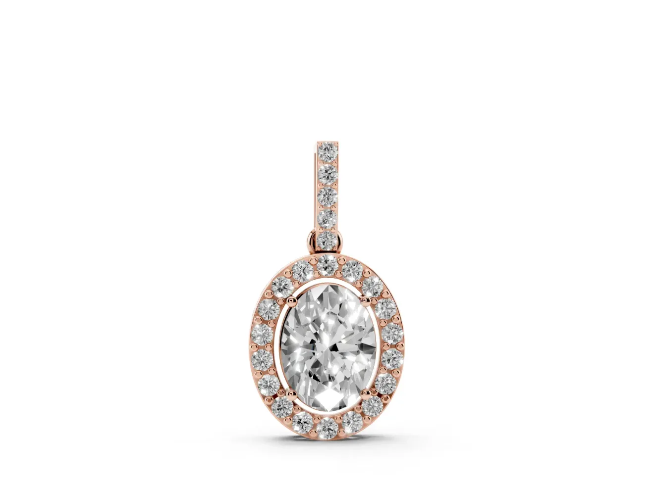 Oval Lab-Grown Diamond Halo Pendant Necklace | Pavé Bail | Rose Gold