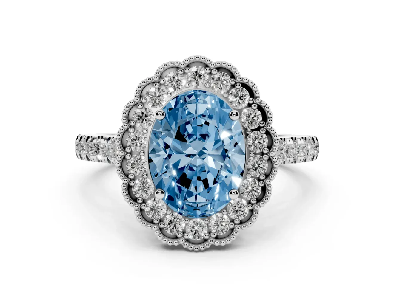 Fancy Blue Oval Cut Diamond Milgrain Floral Halo Engagement Ring Set in White gold with Pavé Band