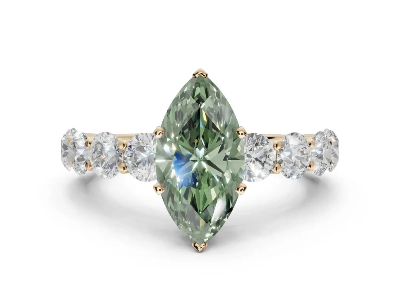 Marquise Side Stone Engagement Ring Setting for a Fancy Green Lab-Grown Diamond | Scalloped Prong Accents | Yellow Gold