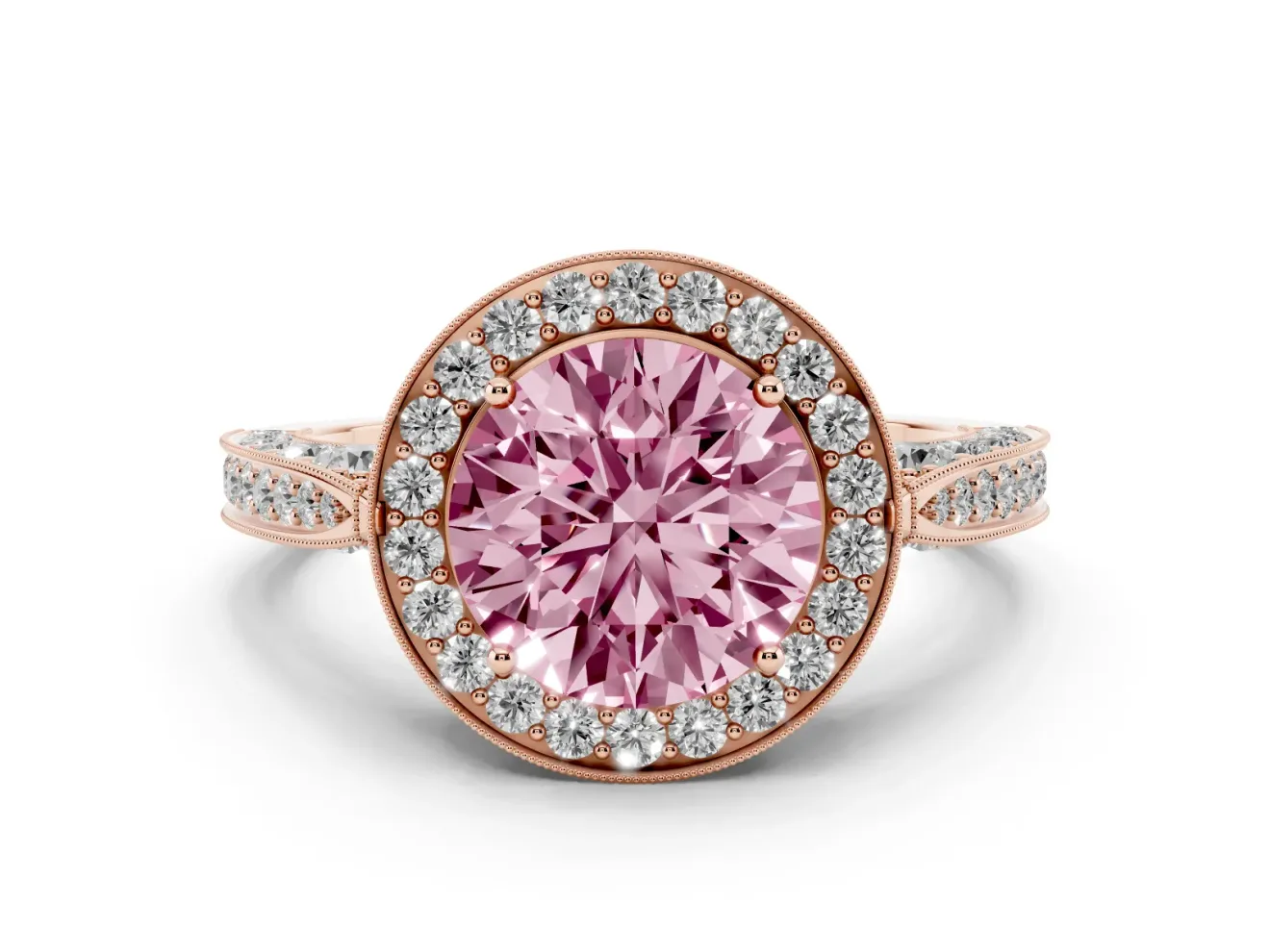 Round Milgrain Halo Engagement Ring Setting for a Fancy Pink Lab-Grown Diamond | Side Stones | Rose Gold