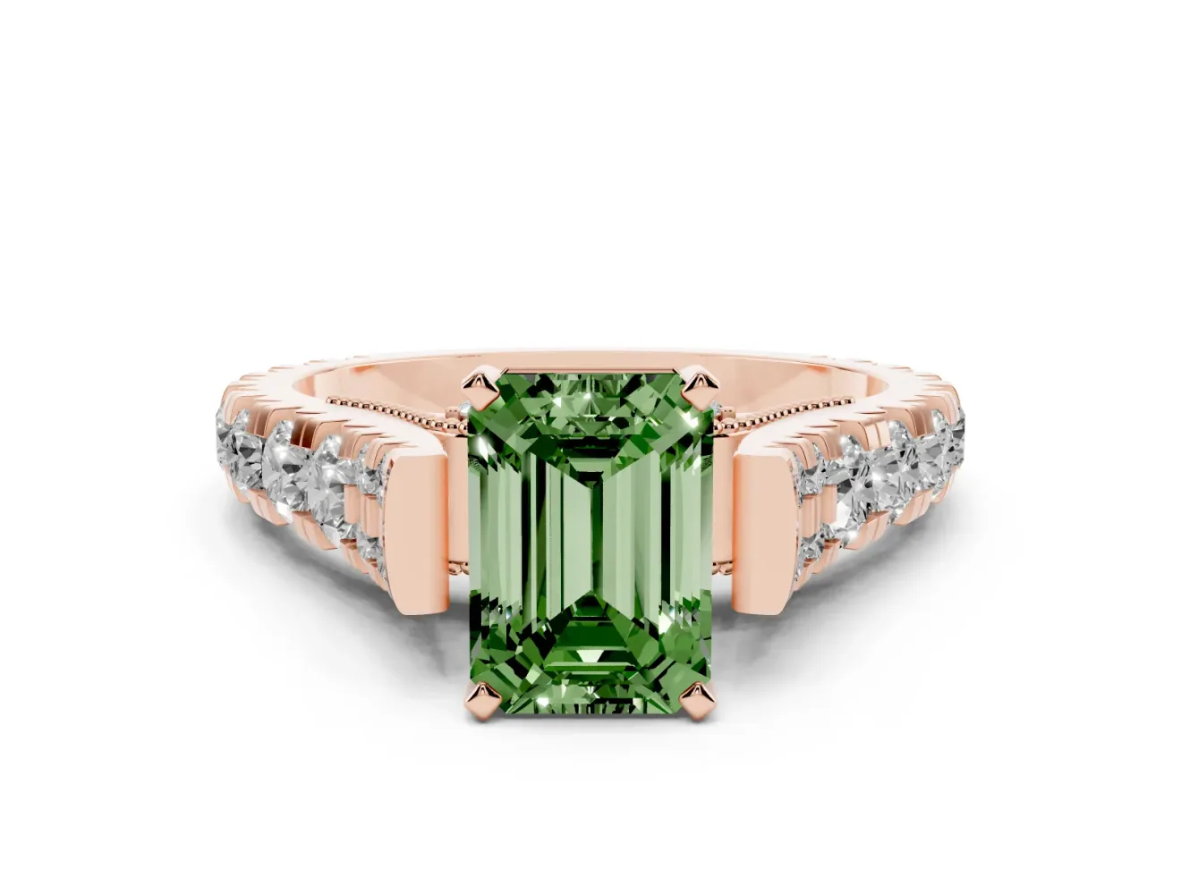 Fancy Green Emerald Cut Diamond Classic Solitaire Ring Set in Rose gold with Pavé Band and Prong Setting