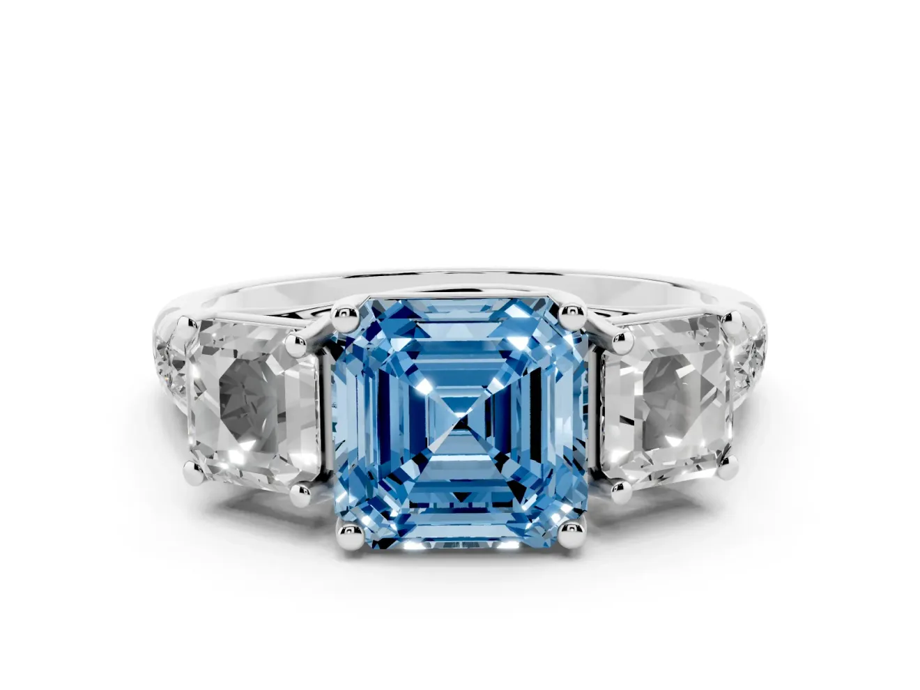Asscher Cut Three Stone Engagement Ring Setting for a Fancy Blue Lab-Grown Diamond | Accented Shoulders | Platinum