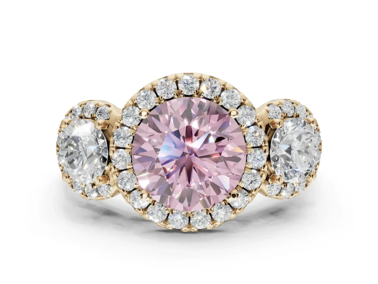 Round Three Stone Halo Engagement Ring Setting for a Fancy Pink Lab-Grown Diamond | Yellow Gold