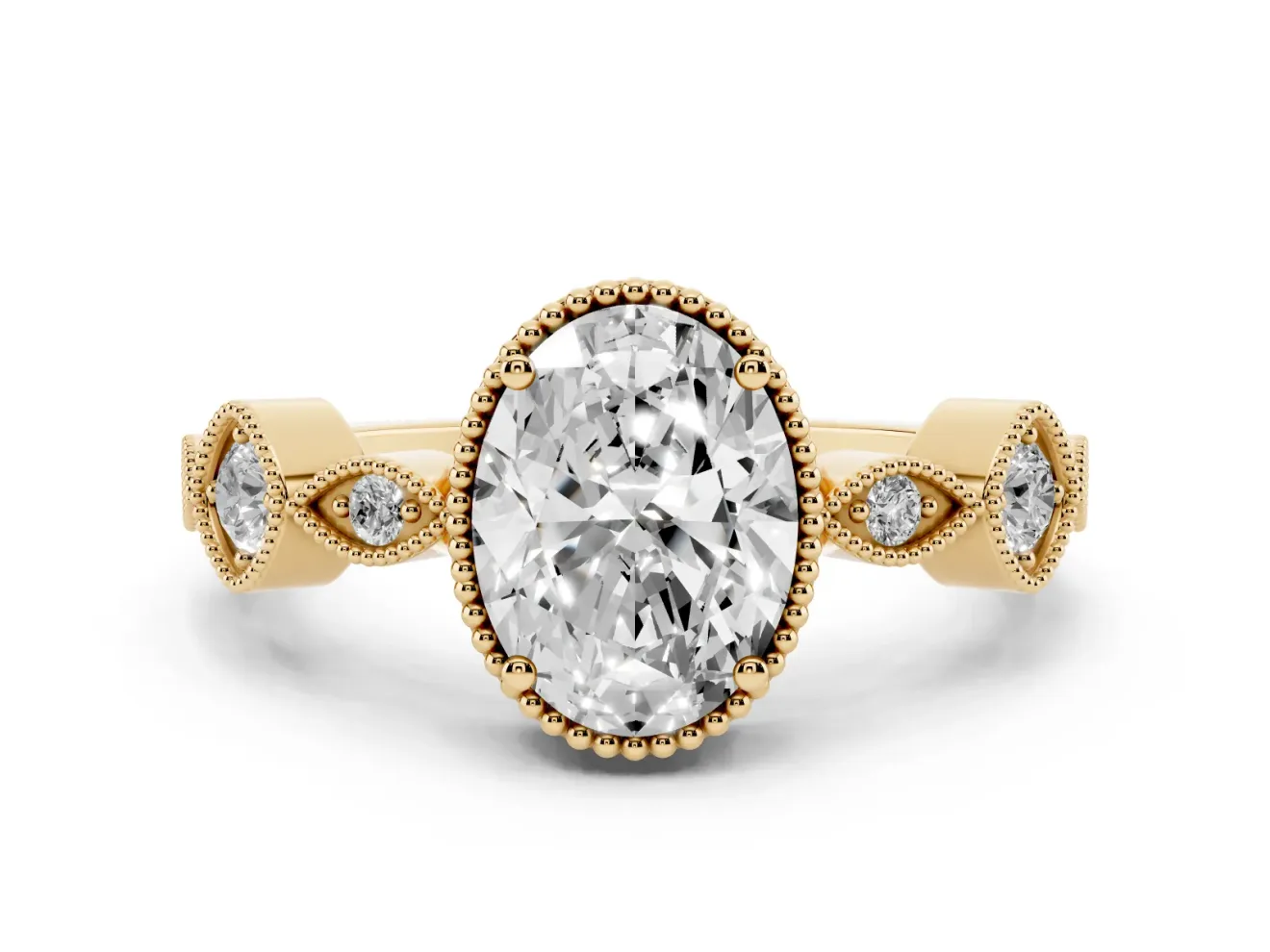 Oval Cut Diamond Vintage-Inspired Milgrain Ring Set in Yellow gold with Marquise Stations of Round Accents