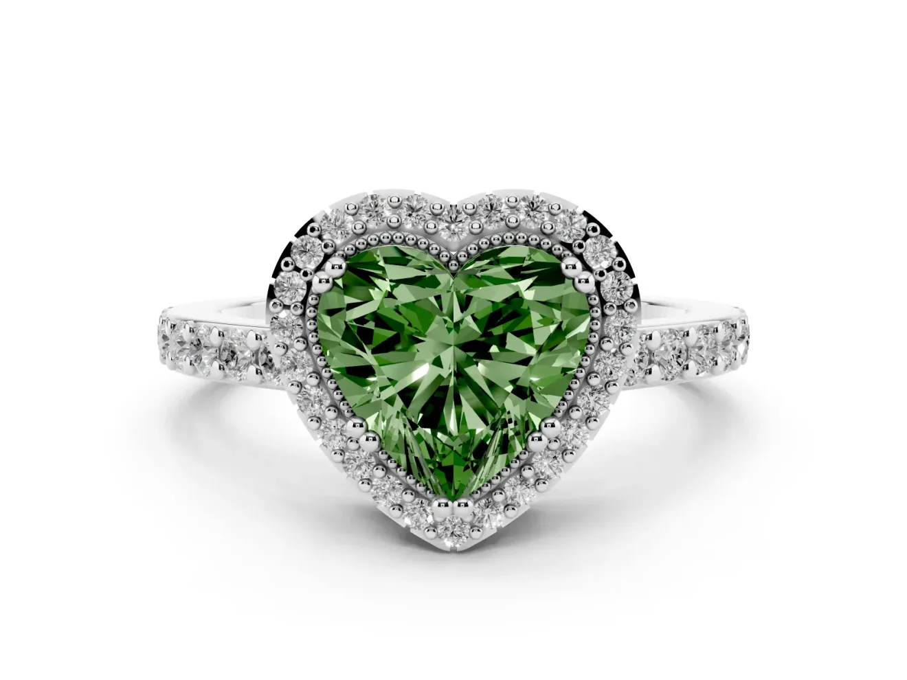 Heart-Shaped Milgrain Halo Engagement Ring Setting for a Fancy Green Lab-Grown Diamond | Pavé Band | White Gold