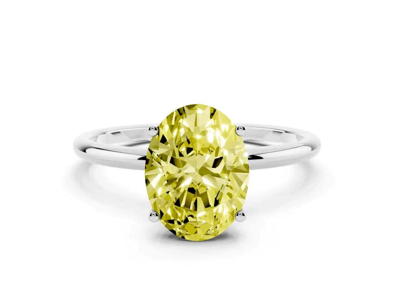 Fancy Yellow Oval Cut Diamond Solitaire Engagement Ring Set in Silver with Thin Band and Prong Setting