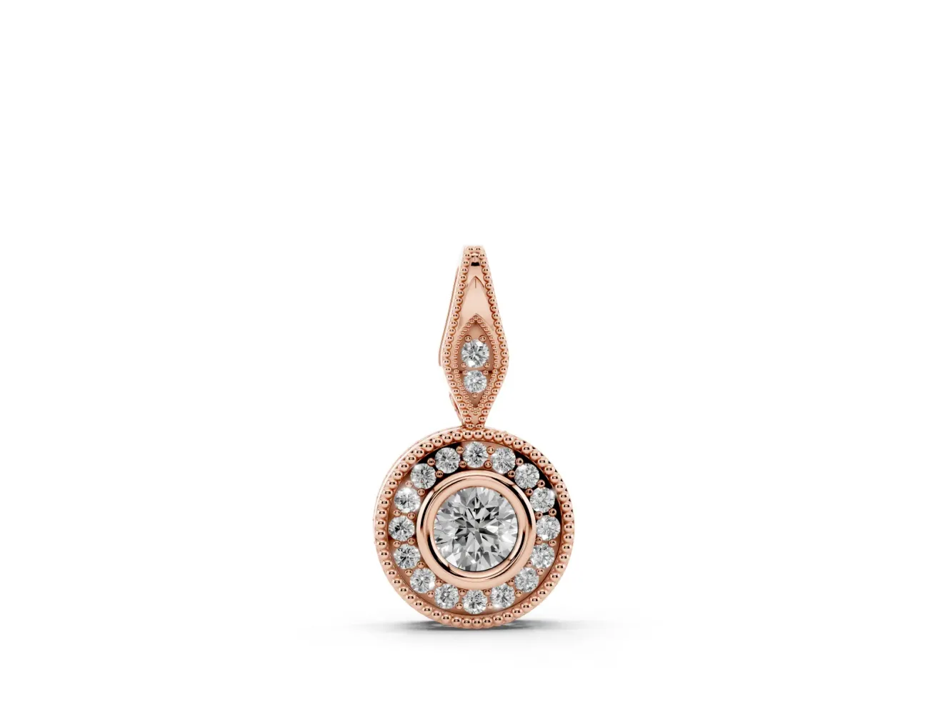 Round Lab-Grown Diamond Vintage Halo Pendant Necklace | Bezel and Milgrain | Rose Gold
