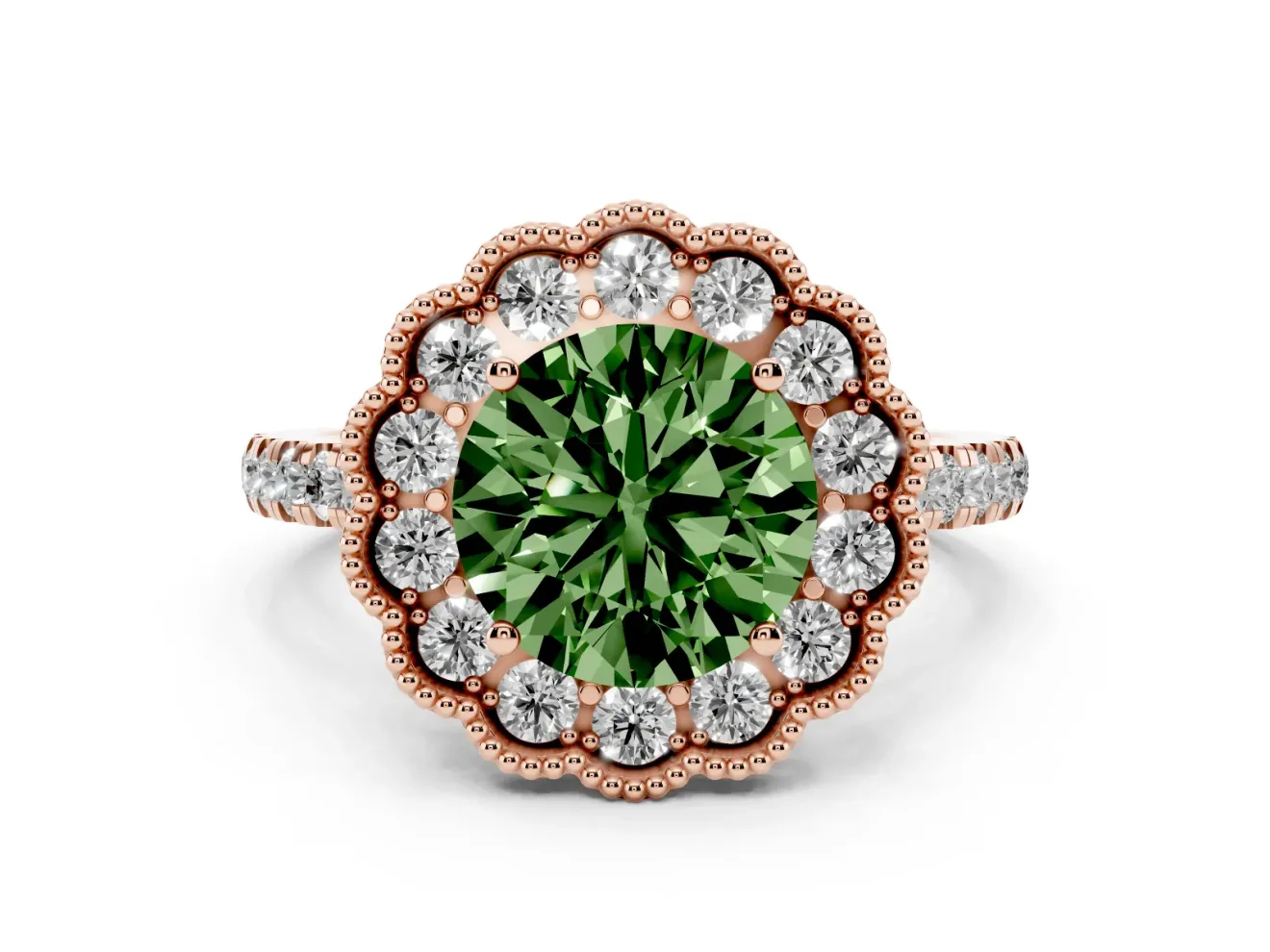 Fancy Green Round Cut Diamond Milgrain Floral Halo Engagement Ring Set in Rose gold with Pavé Band