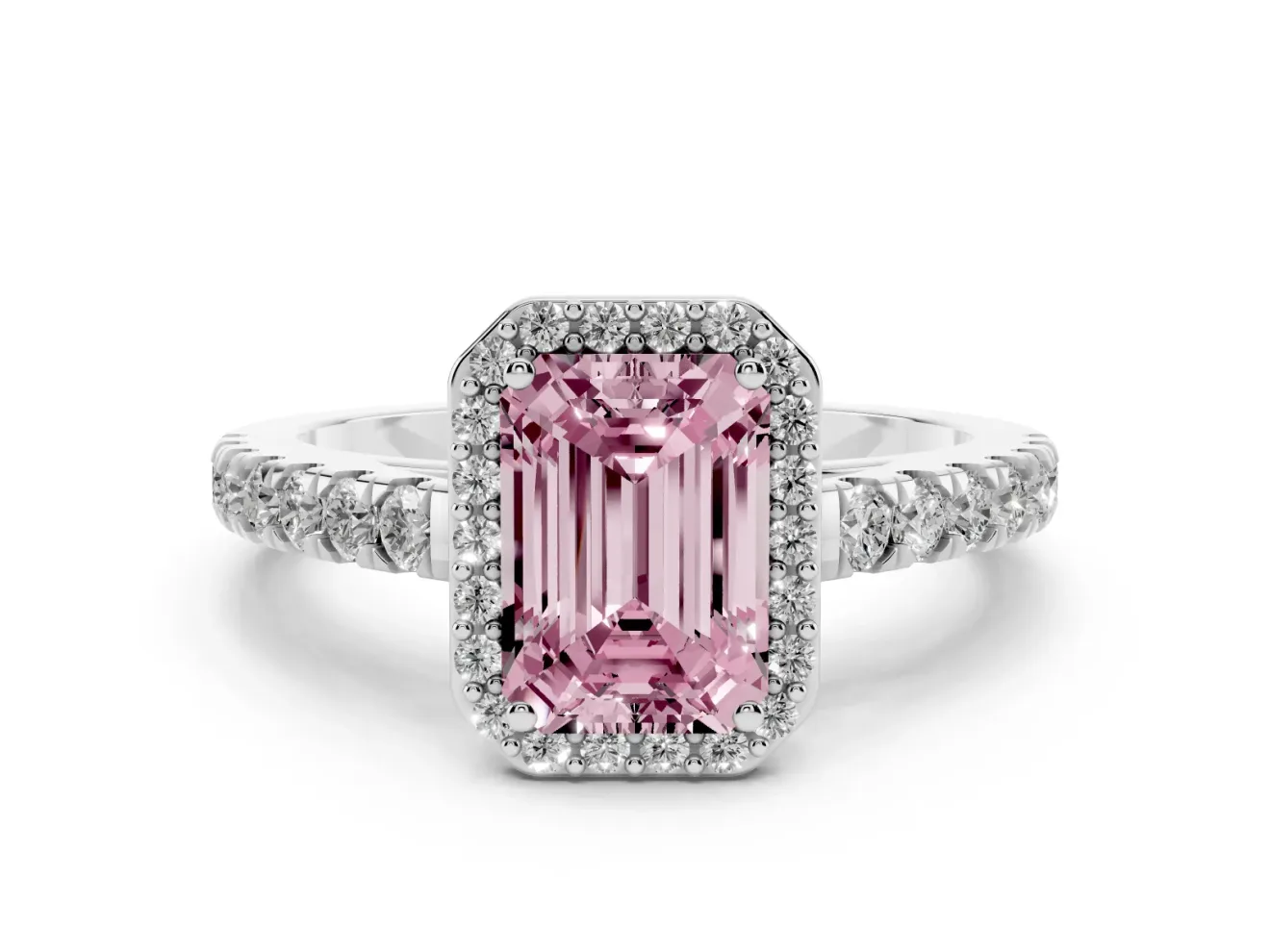 Fancy Pink Emerald Cut Diamond Halo Engagement Ring Set in Silver with Pavé Band and Prong Setting