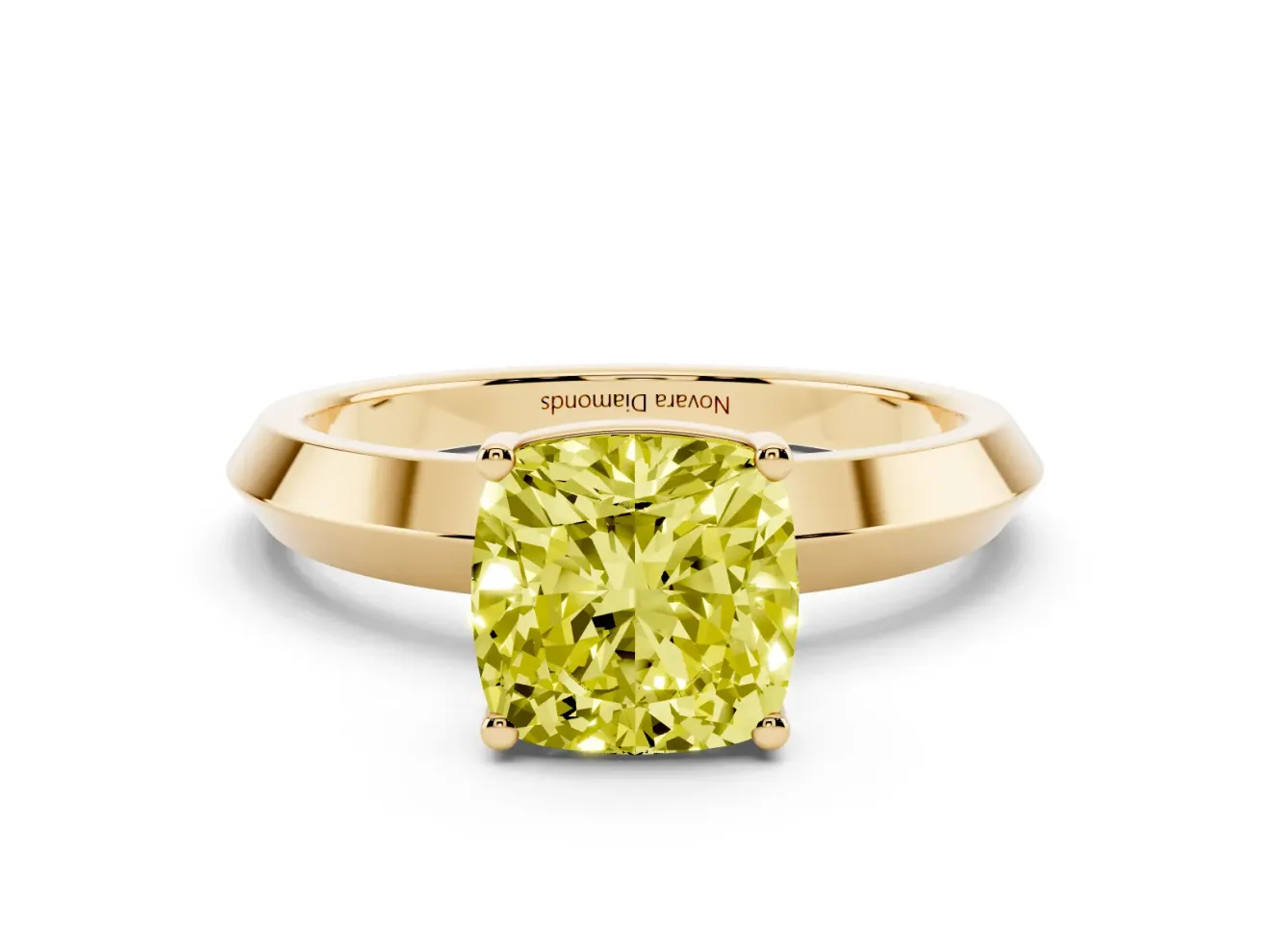Fancy Yellow Cushion Cut Diamond Solitaire Engagement Ring Set in Yellow gold with Flat Band and Prong Setting
