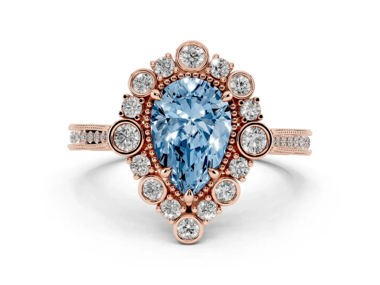 Fancy Blue Pear Cut Diamond Halo Milgrain Pavé Ring Set in Rose gold with Prong Setting