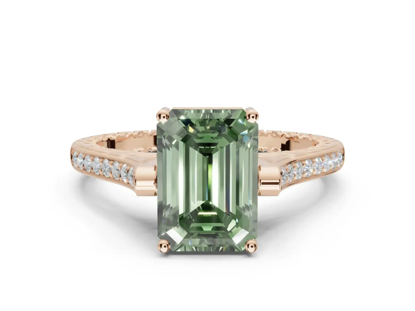 Emerald Cut Vintage Cathedral Engagement Ring Setting for a Fancy Green Lab-Grown Diamond | Carved Band | Rose Gold