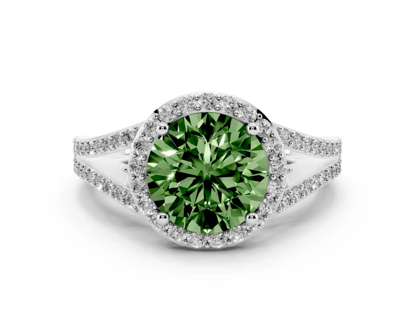 Round Halo Engagement Ring Setting for a Fancy Green Lab-Grown Diamond | Pave Split Shank | Platinum