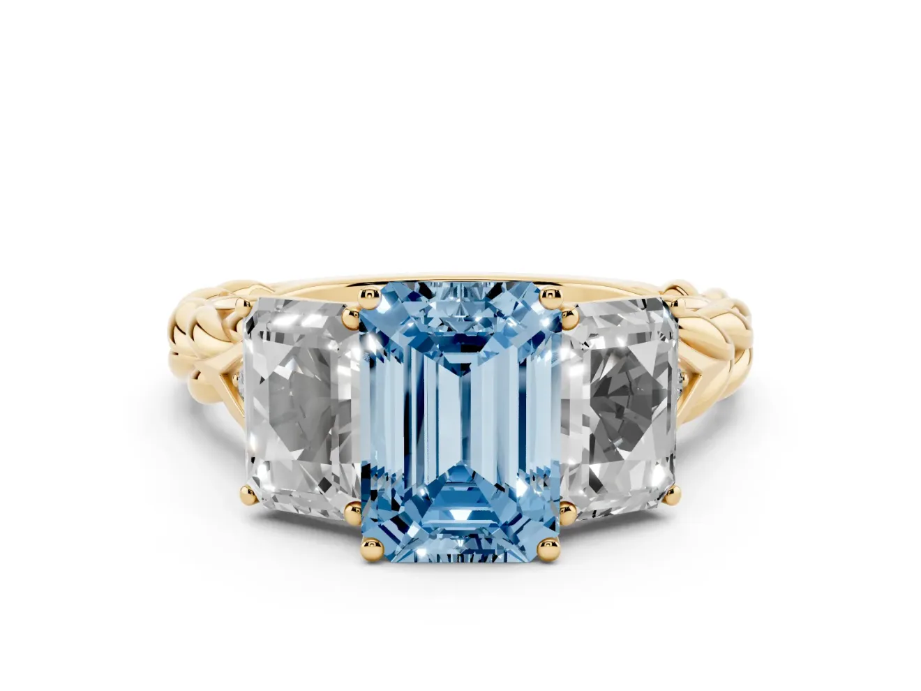 Emerald Cut Three Stone Engagement Ring Setting for a Fancy Blue Lab-Grown Diamond | Braided Band | Yellow Gold
