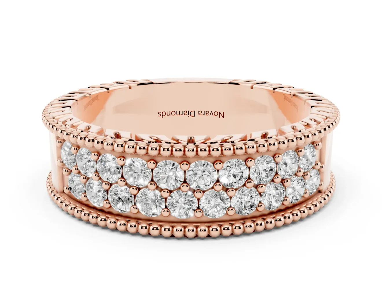 Round Lab-Grown Diamond Wide Double Row Pavé Wedding Band | Notched Side Walls | Rose Gold