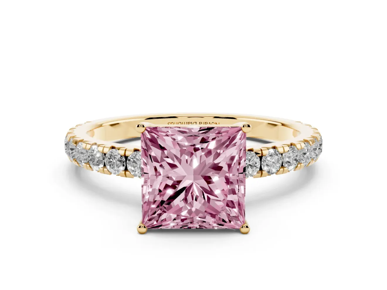 Princess Cut Pave Engagement Ring Setting for a Fancy Pink Lab-Grown Diamond | Shared Prong Band | Yellow Gold