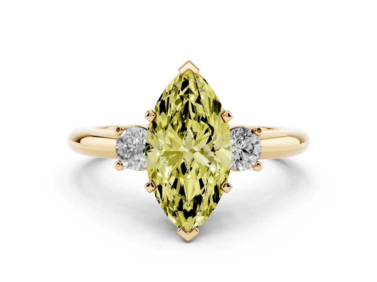 Marquise Three Stone Engagement Ring Setting for a Fancy Yellow Lab-Grown Diamond | Round Side Stones | Yellow Gold