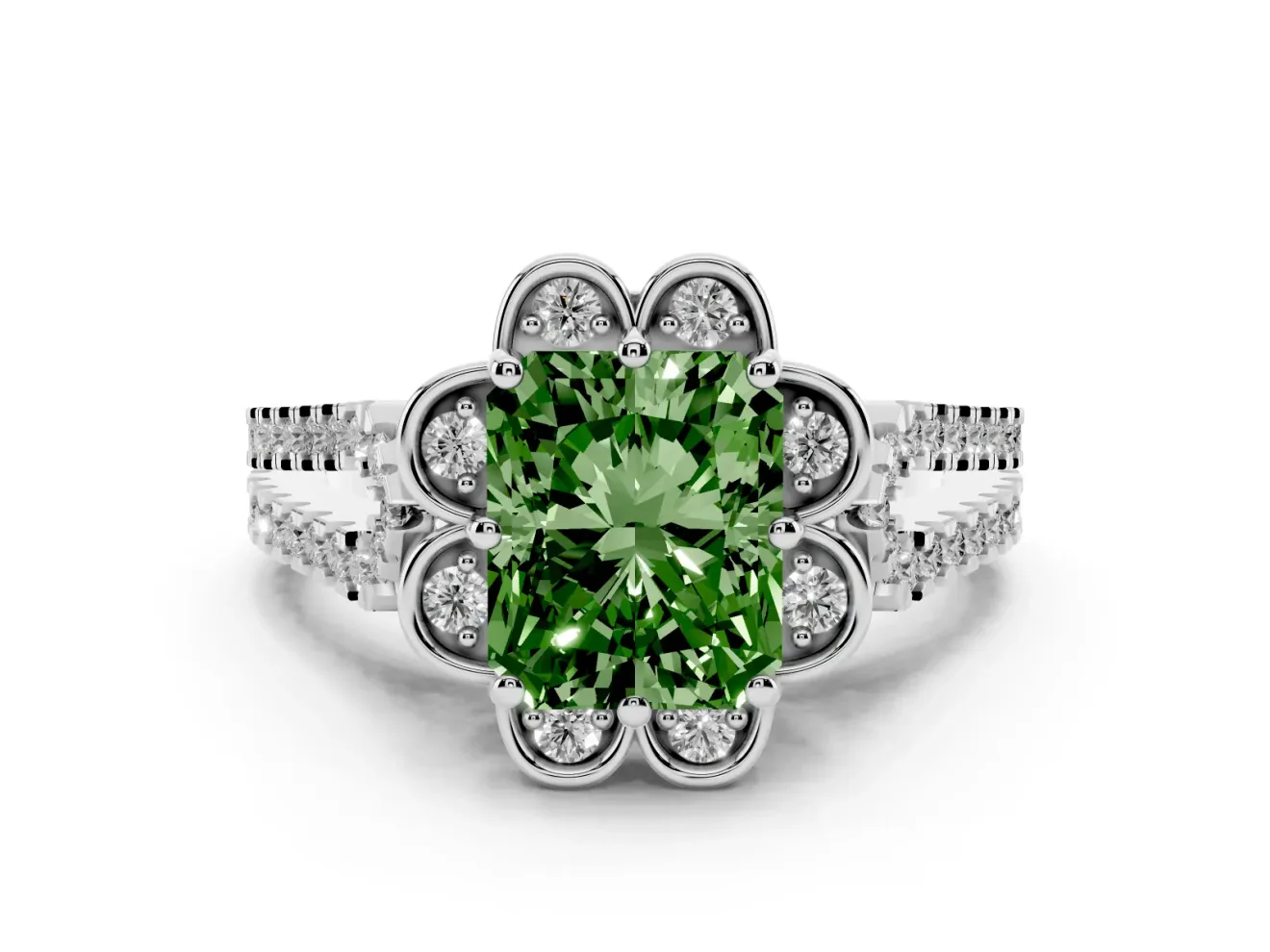Radiant Cut Floral Halo Engagement Ring Setting for a Fancy Green Lab-Grown Diamond | Pavé Split Shank | Platinum