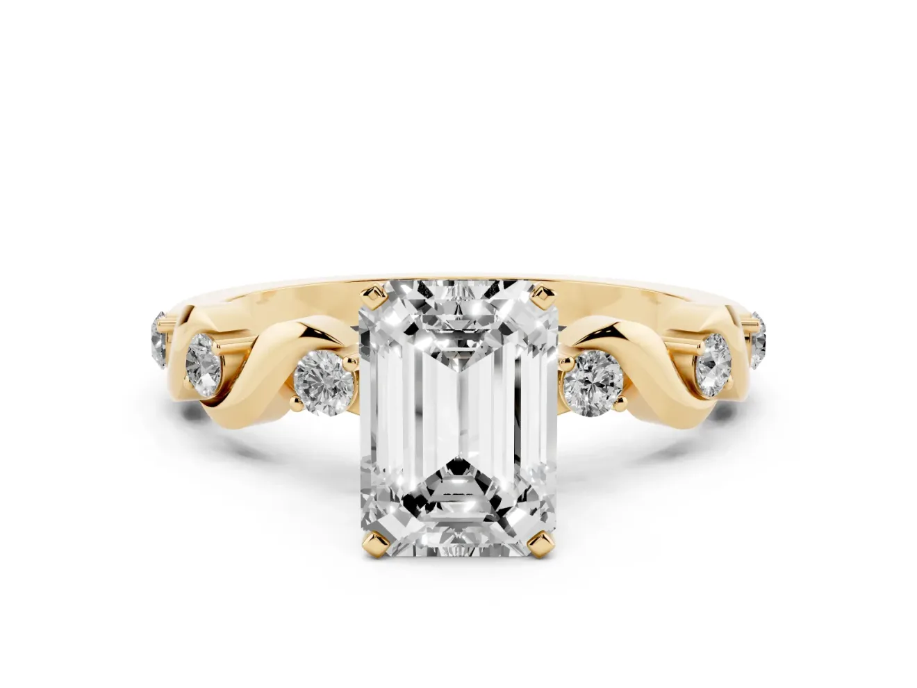 Emerald Cut Diamond Solitaire Ring Set in Yellow gold with Ribbon Twist Band, Round Accents and Prong Setting