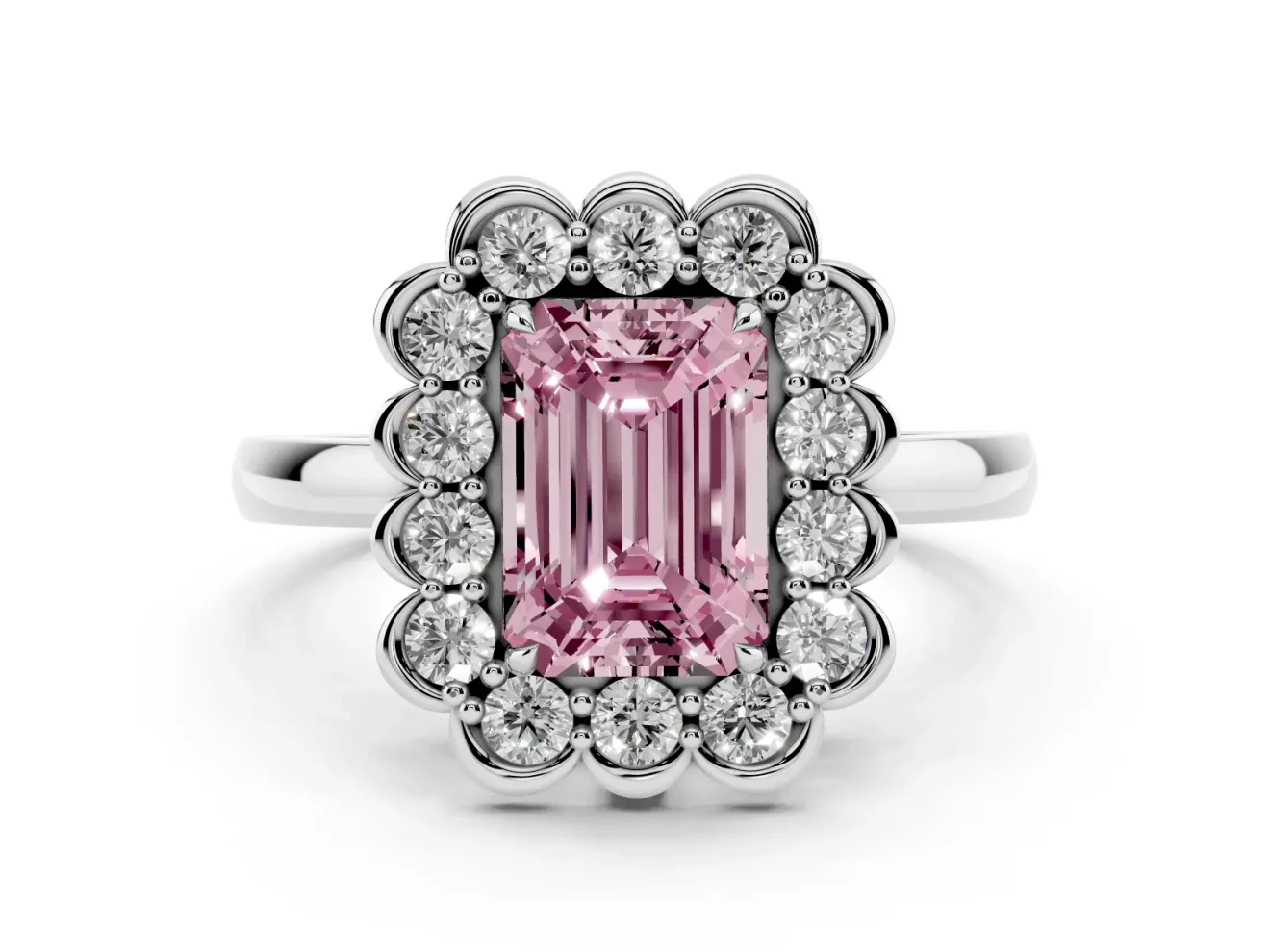 Emerald Cut Scalloped Cluster Halo Engagement Ring Setting for a Fancy Pink Lab-Grown Diamond | Plain Band | White Gold