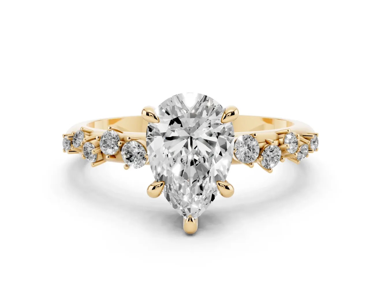 Pear Cut Diamond Solitaire Vine Band Ring Set in Yellow gold with Round Accents and Prong Setting