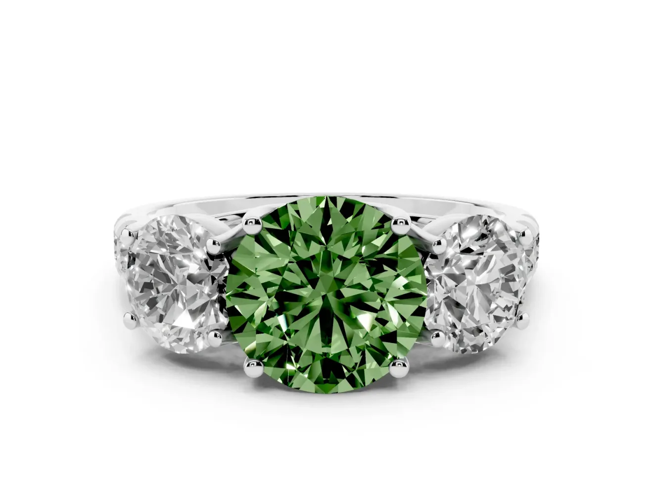 Round Three Stone Engagement Ring Setting for a Fancy Green Lab-Grown Diamond | Accented Shoulders | Platinum
