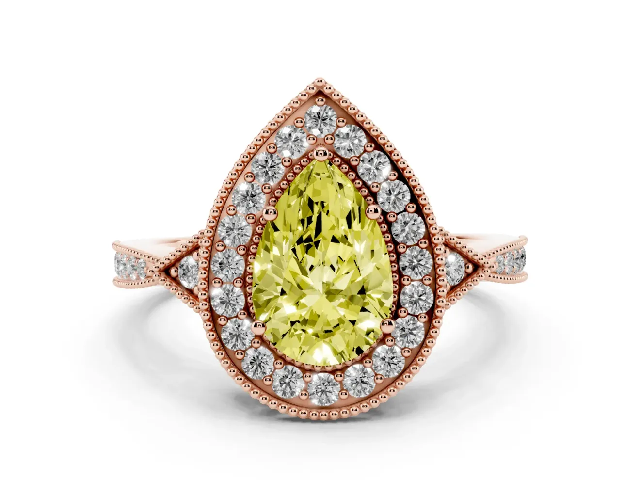 Fancy Yellow Pear Cut Diamond Halo Engagement Ring Set in Rose gold with Milgrain Pavé Band