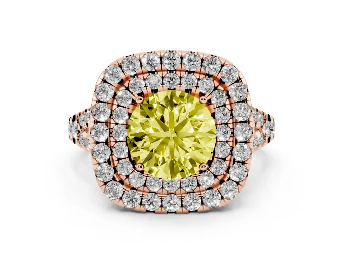Round Halo Split Shank Engagement Ring Setting for a Fancy Yellow Lab-Grown Diamond | Pavé Strands | Rose Gold