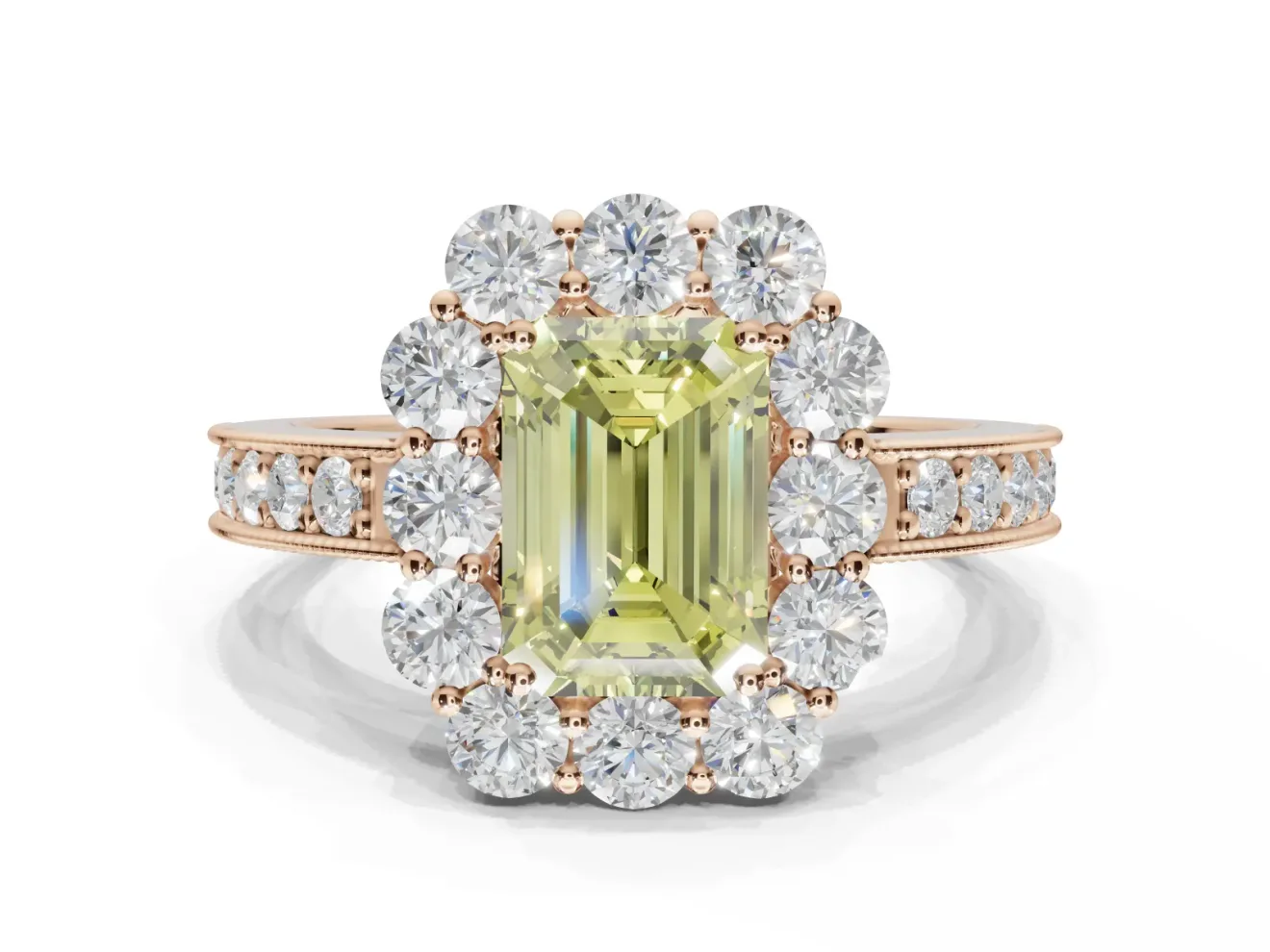 Emerald Cut Vintage Halo Engagement Ring Setting for a Fancy Yellow Lab-Grown Diamond | Rose Gold