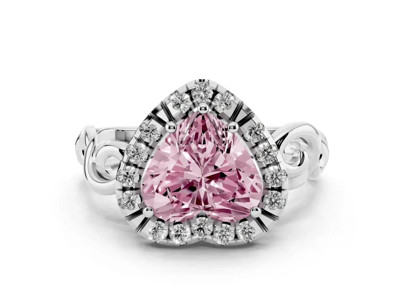 Fancy Pink Heart Cut Diamond Halo Ring Set in White gold with Scrollwork Band and Prong Setting