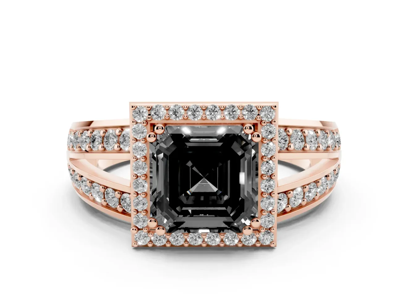 Asscher Cut Halo Engagement Ring Setting for a Black Center | Two-Row Pavé Split Shank | Rose Gold