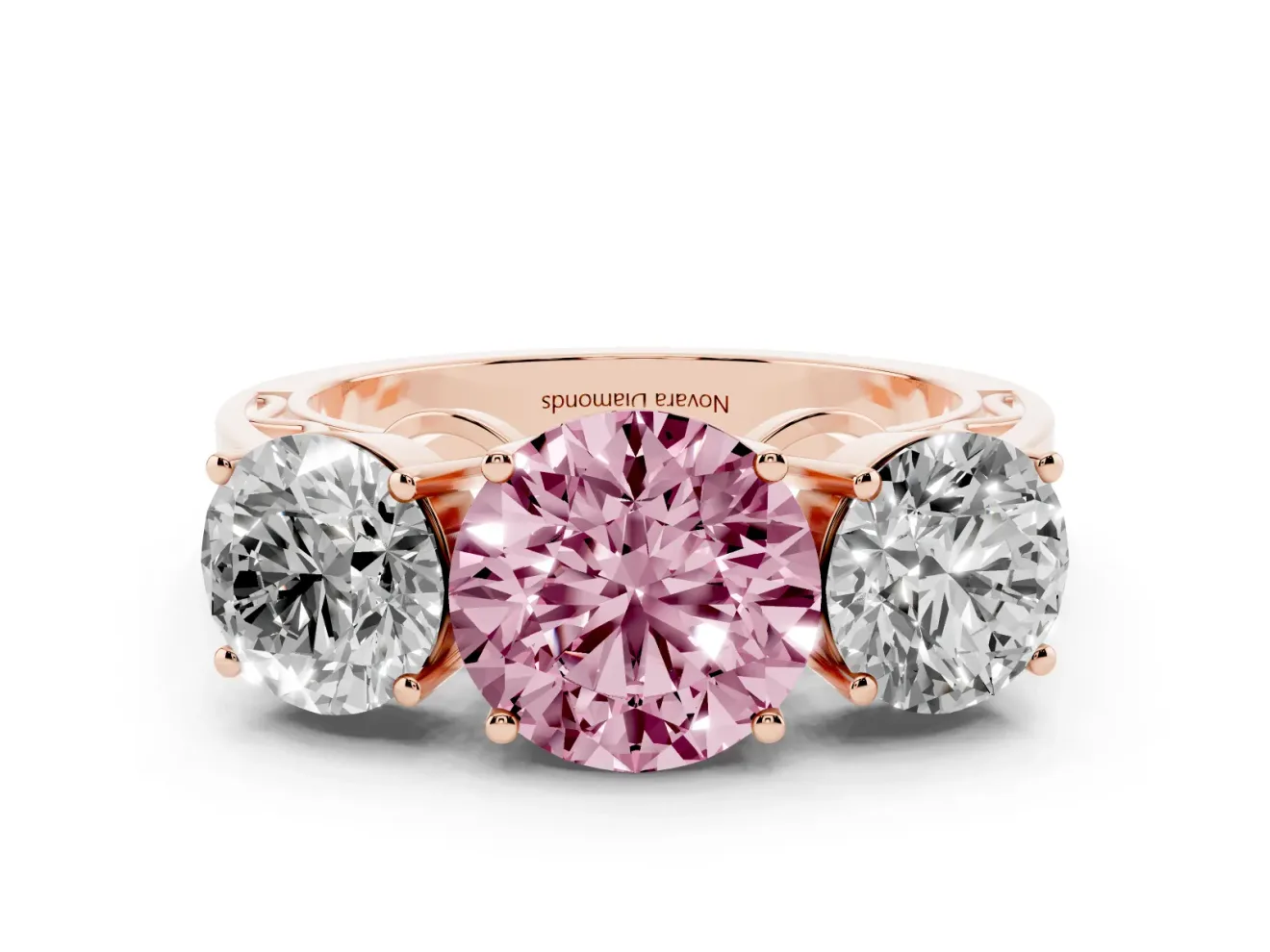 Round Engagement Ring Setting for a Fancy Pink Lab-Grown Diamond | Three Stone | Rose Gold