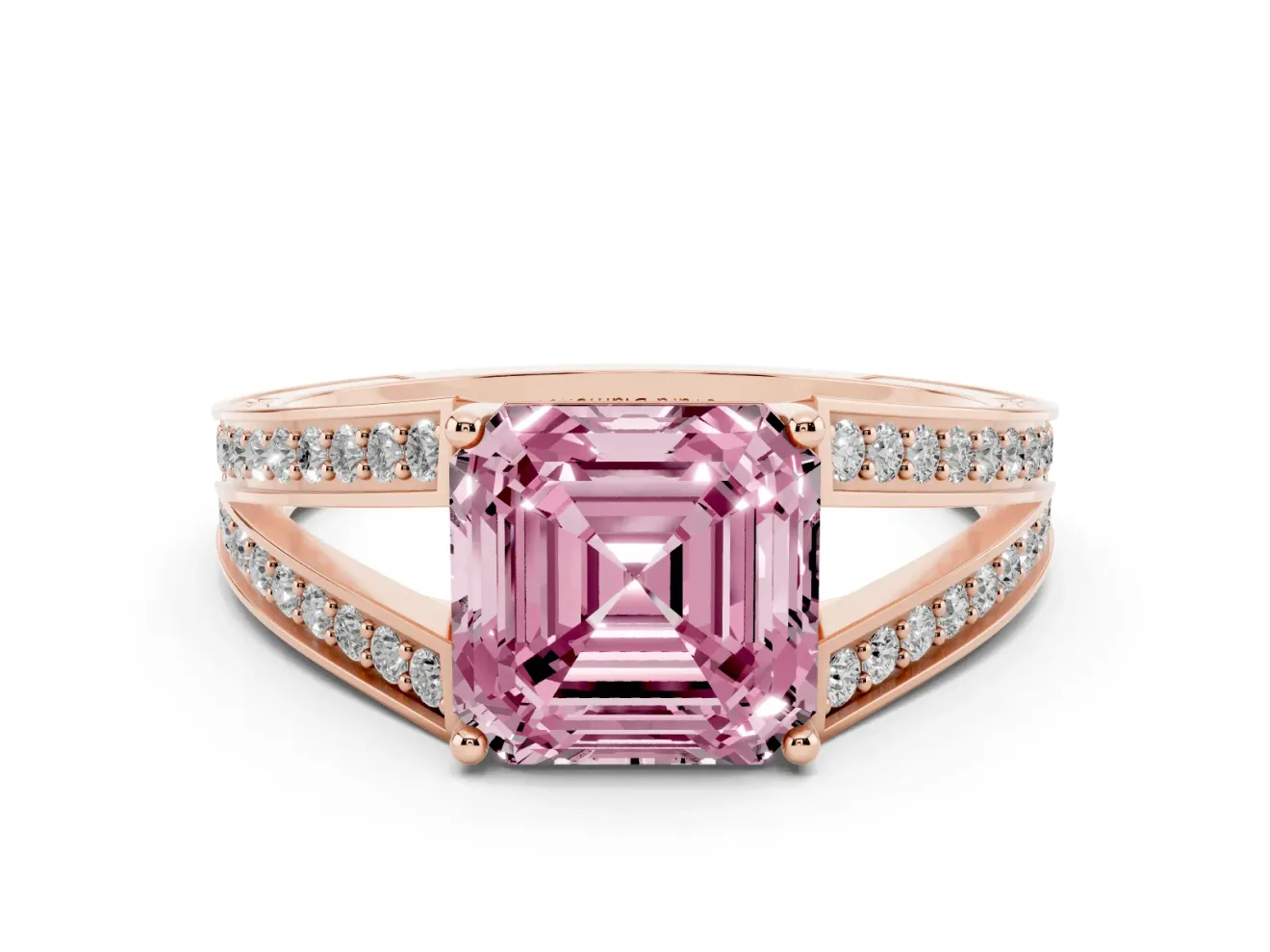 Fancy Pink Asscher Cut Diamond Split Shank Ring Set in Rose gold with Pavé Band and Prong Setting