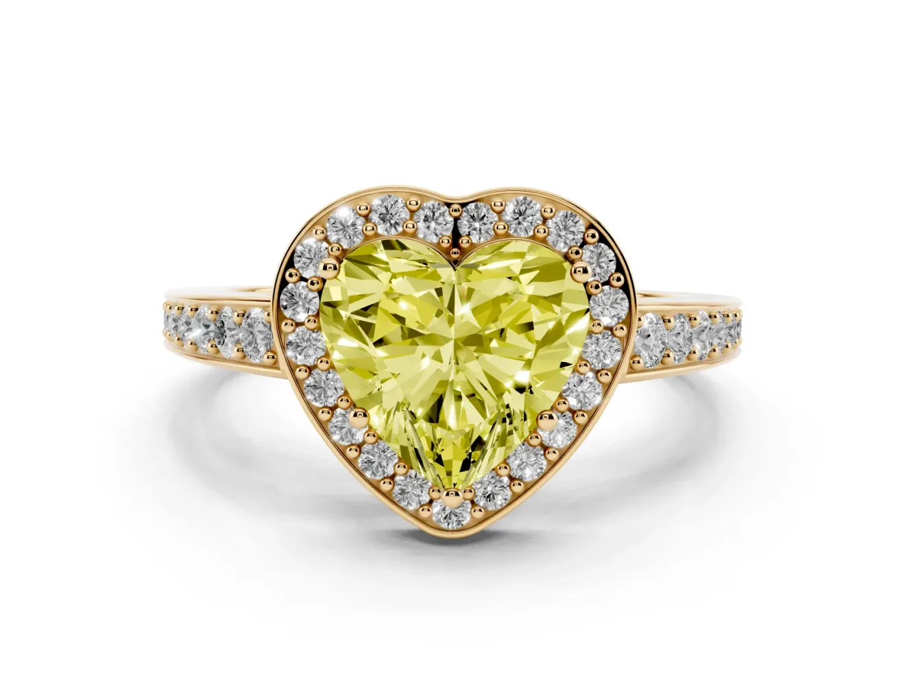 Fancy Yellow Heart Cut Diamond Halo Pavé Engagement Ring Set in Yellow gold with Bezel Setting