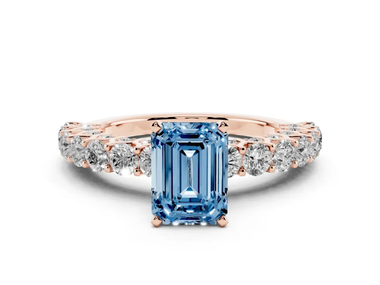 Emerald Cut Shared Prong Engagement Ring Setting for a Fancy Blue Lab-Grown Diamond | Rose Gold