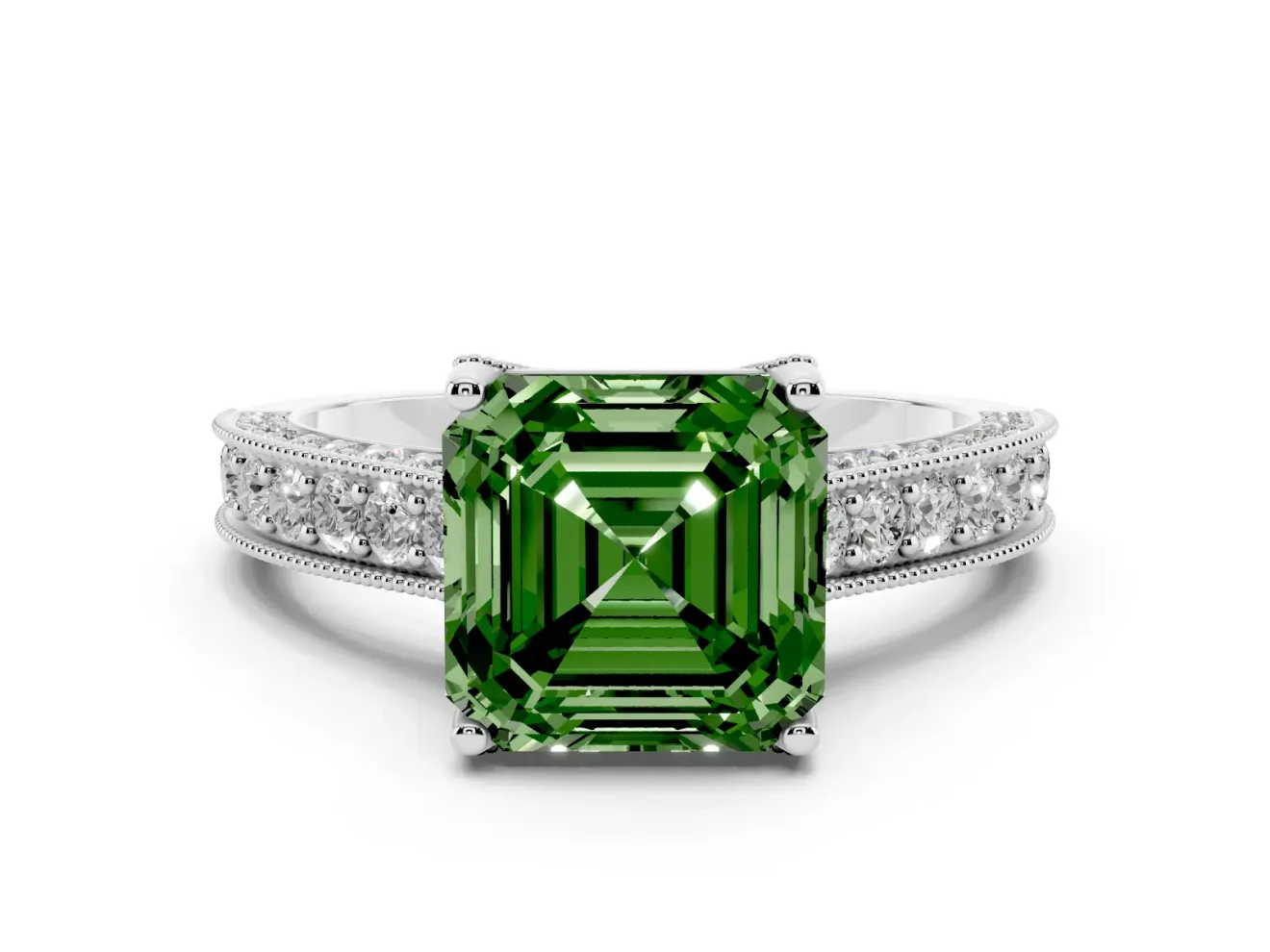 Asscher Cut Hidden Halo Engagement Ring Setting for a Fancy Green Lab-Grown Diamond | Milgrain Pave | Platinum