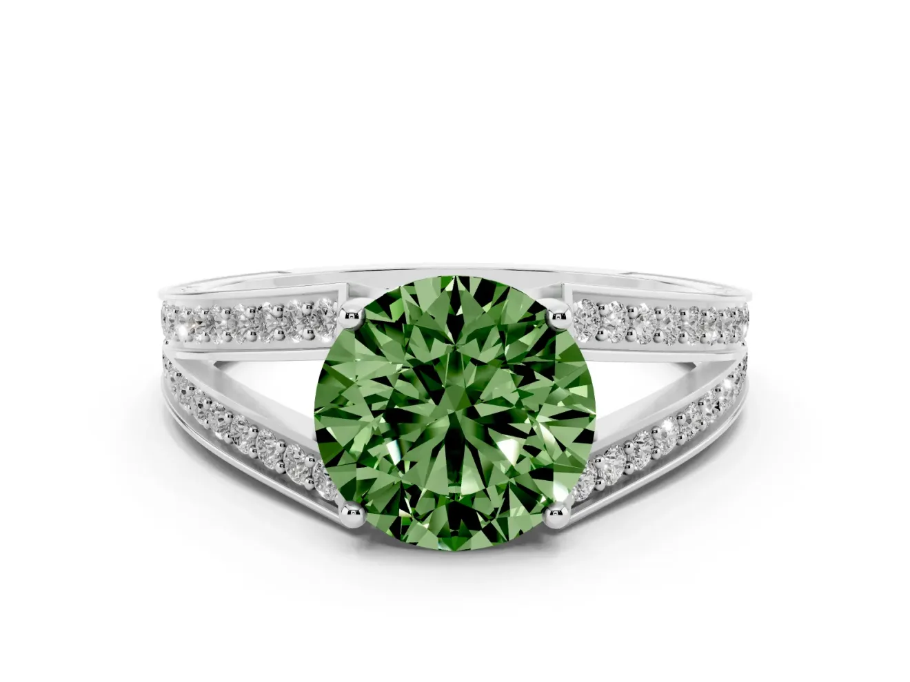 Fancy Green Round Cut Diamond Split Shank Ring Set in Silver with Pavé Band and Prong Setting